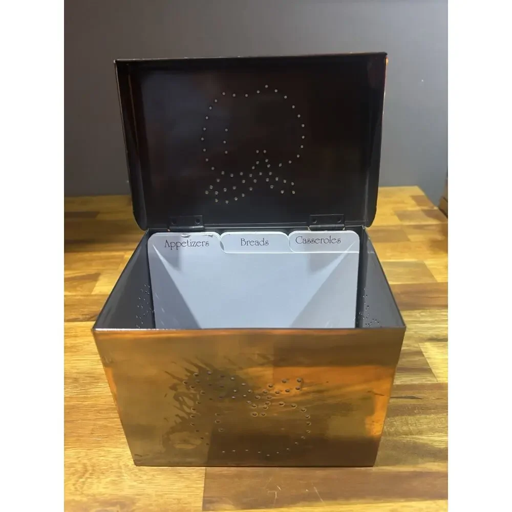 Vintage Copper Hinged Recipe Box w Dividers Punched Apple Design
